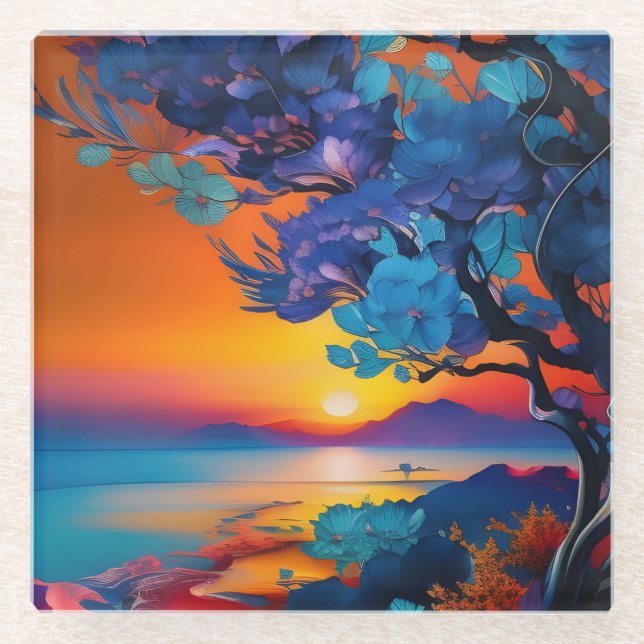 Flowering Tree at the Lake at Sunrise Glass Coaster (Front)