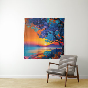 Flowering Tree at the Lake at sunrise Tapestry