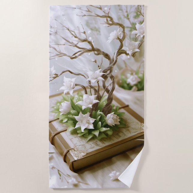 Flowering Tree Growing From a Book Beach Towel (Front)