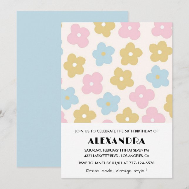 Flowers 68th birthday invitations Retro Blue Pink  (Front/Back)
