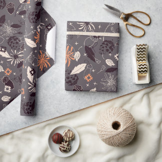 Flowers, acorns, pine cones, stars on grey wrapping paper