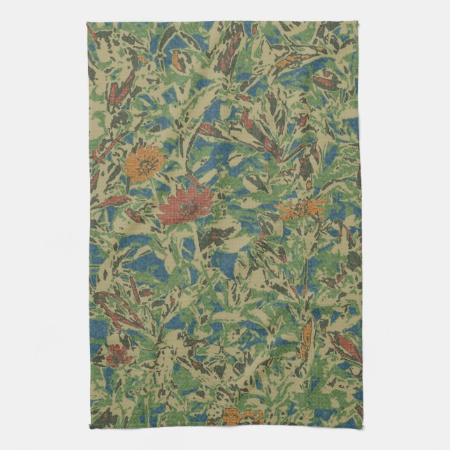 Flowers against leaf camouflage pattern kitchen towel (Vertical)