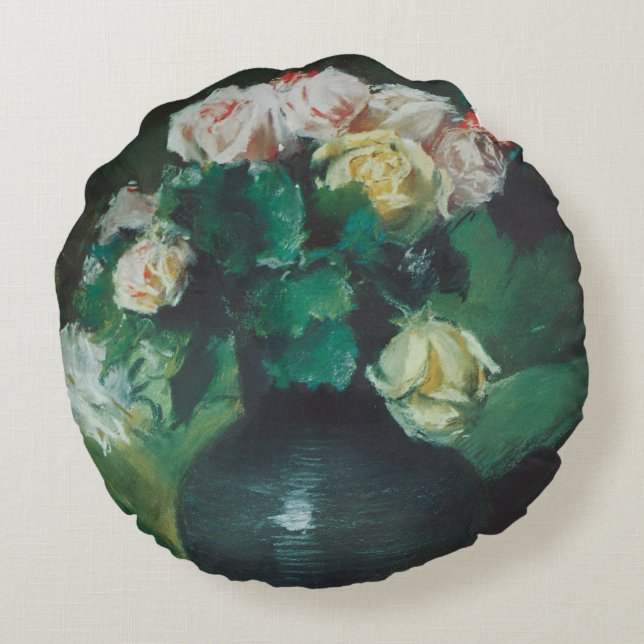 Flowers (aka Roses) by William Merritt Chase Round Pillow (Back)