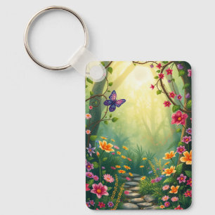 Flowers and a Butterfly in an Enchanted Rainforest Keychain
