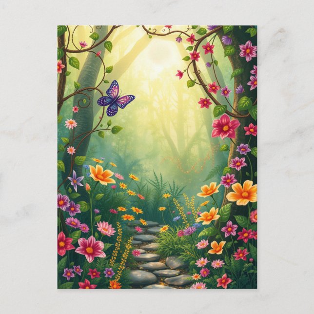 Flowers and a Butterfly in an Enchanted Rainforest Postcard (Front)