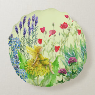 Flowers and a dandelion Fairy watercolor painting Round Pillow