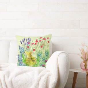 Flowers and a dandelion Fairy watercolor painting Throw Pillow