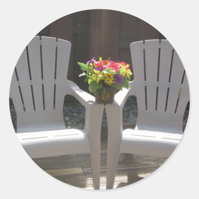 Flowers and Adirondack Chairs Classic Round Sticker (Front)