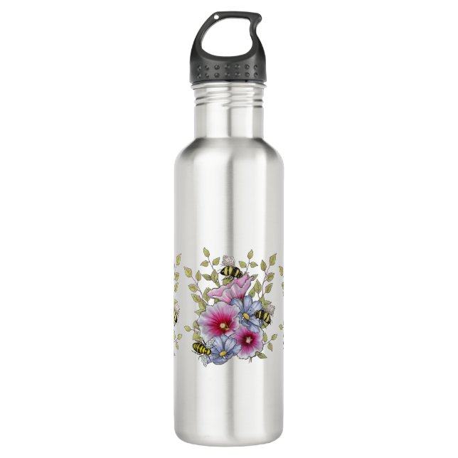 Flowers and Bees, Freehand Botanical Art 710 Ml Water Bottle (Front)