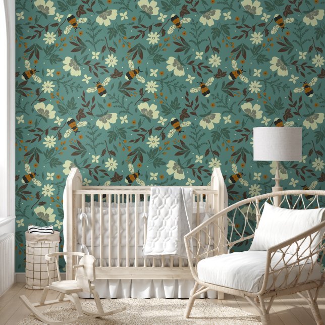 Flowers and bees pattern wallpaper (Kids)