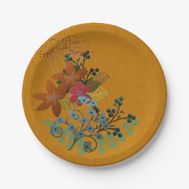Flowers and Berries on Faux Gold Linen Paper Plate (Front)
