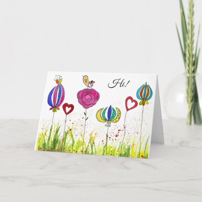 Flowers and Bird Greeting Card (Customizable) (Front)