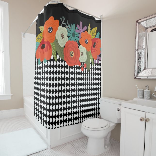 Flowers and black-white tiles Shower Curtain (In Situ)