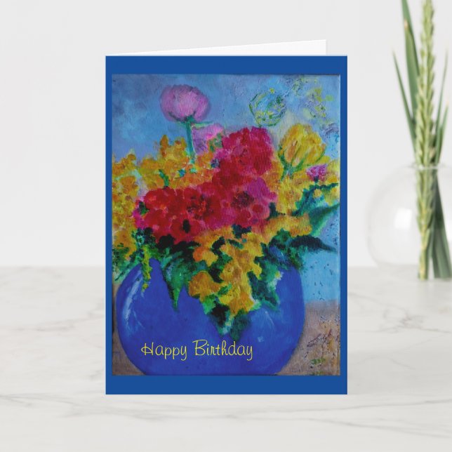 Flowers and Blue Vase - Greetings Card (Front)