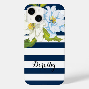 Flowers and blue, white stripes modern floral Case-Mate iPhone 14 case
