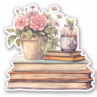 Flowers and Books Pastel Watercolor Sticker
