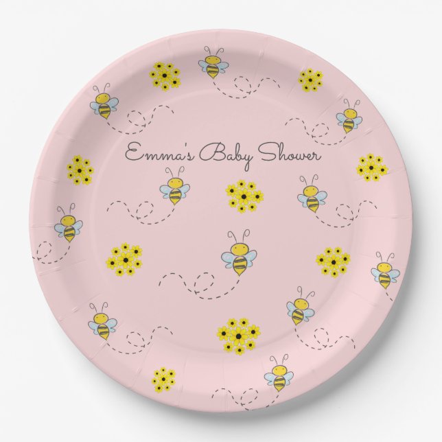 Flowers and Bumble Bees Baby Shower Paper Plates (Front)