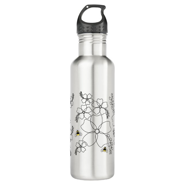 Flowers and bumblebee in a minimalist style 710 ml water bottle (Front)