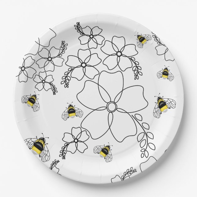 Flowers and bumblebee in a minimalist style paper plate (Front)