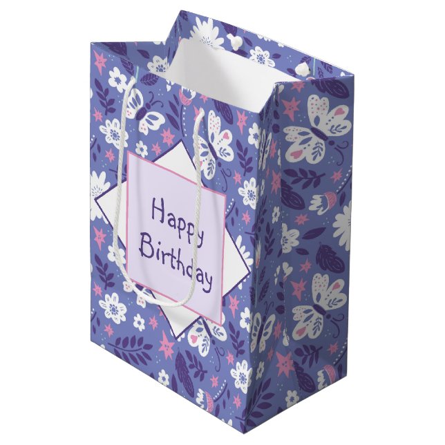 Flowers and Butterflies Birthday Medium Gift Bag (Front Angled)