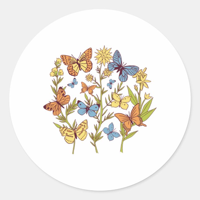 Flowers and Butterflies Classic Round Sticker (Front)