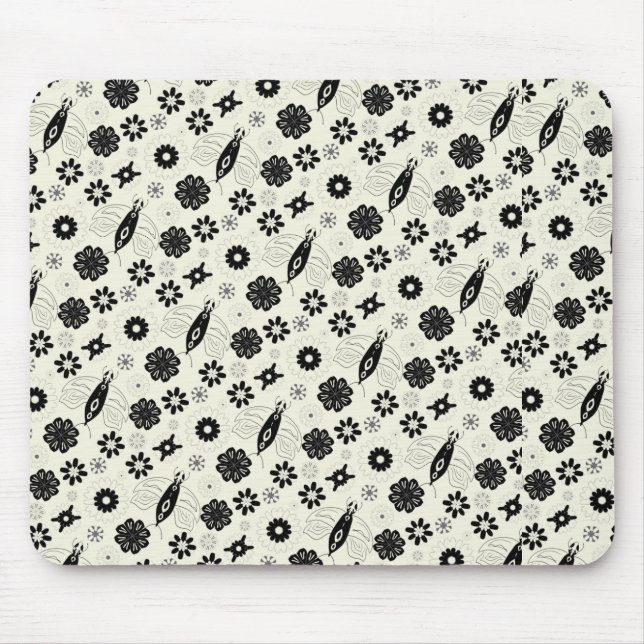 Flowers and butterflies pattern black and white mouse pad (Front)