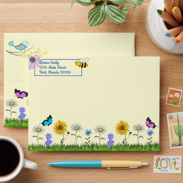 Flowers and Butterflies Personalized Envelope (Desk)