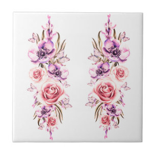 Flowers and Butterflies Vintage Ceramic Tile Retro
