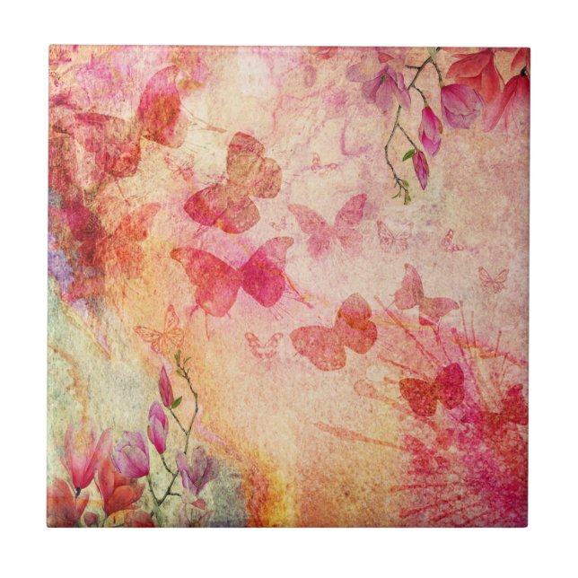 Flowers And Butterflies Watercolour, Ceramic Tile (Front)