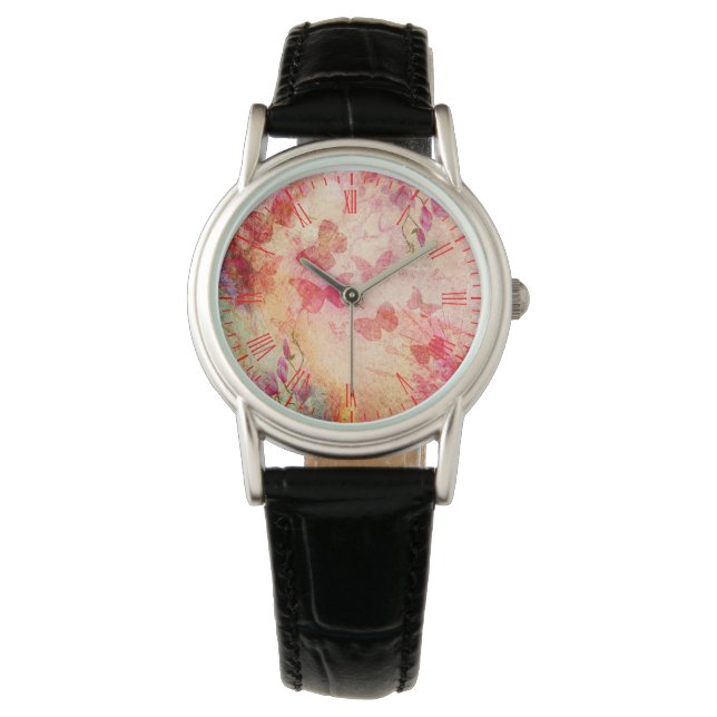 Flowers And Butterflies Watercolour, Ladies Watch (Front)