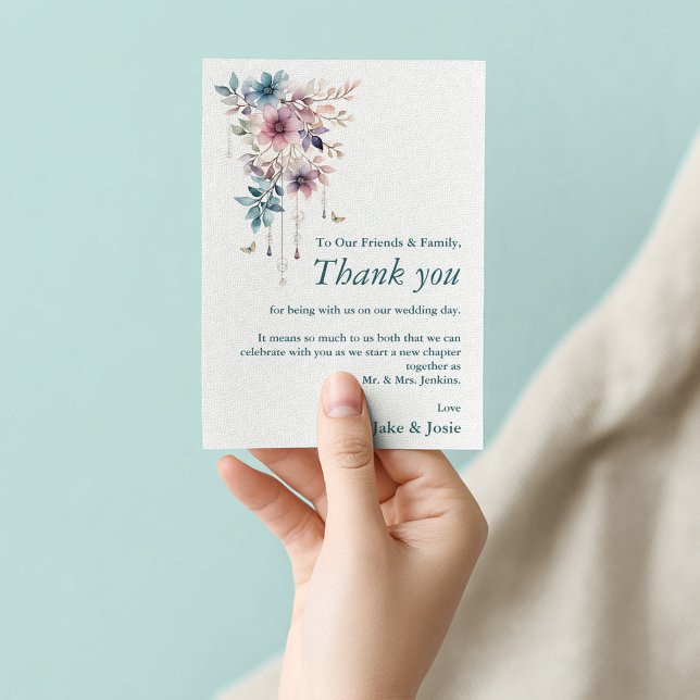 Flowers and butterflies wedding thank you card (Pretty watercolor style hanging pink purple and blue flowers and butterflies wedding thank you card.)