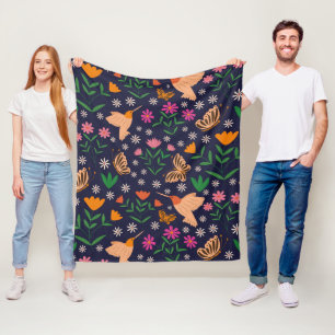 Flowers and Butterflies With Hummingbirds Fleece Blanket