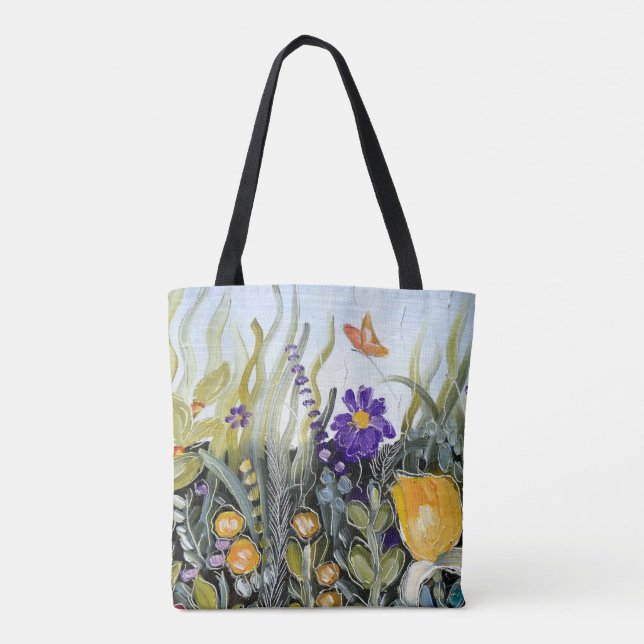 Flowers and butterfly design tote bag. (Back)