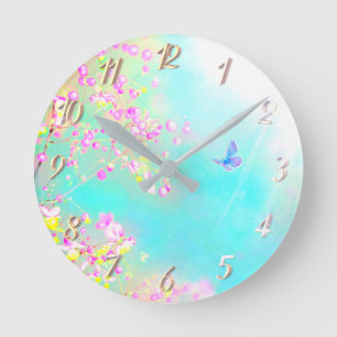 Flowers and butterfly floral round clock