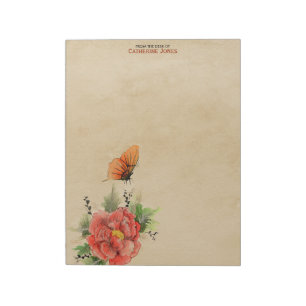 Flowers and Butterfly Parchment Vintage Paper Notepad