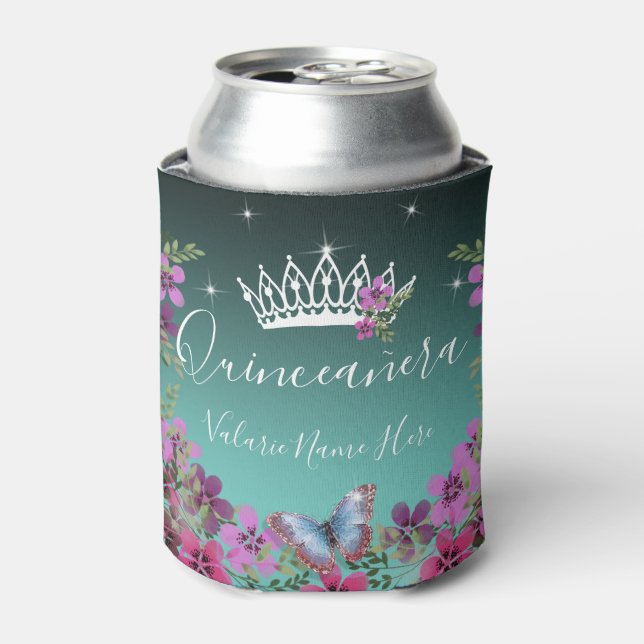 Flowers and Butterfly Princess Quinceanera blue Can Cooler (Can Front)