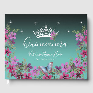 Flowers and Butterfly Princess Quinceanera Blue Guest Book