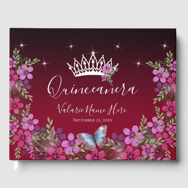 Flowers and Butterfly Princess Quinceanera Guest Book (Front)