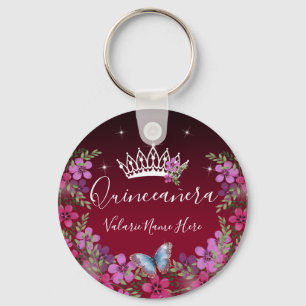 Flowers and Butterfly Princess Quinceanera Keychain