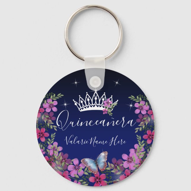 Flowers and Butterfly Princess Quinceanera Keychain (Front)