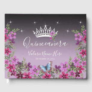 Flowers and Butterfly Princess Quinceanera Purple Guest Book