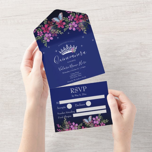 Flowers and Butterfly Quinceanera Blue All In One Invitation (Tearaway)