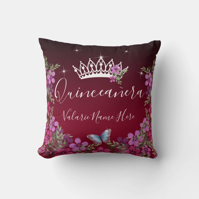 Flowers and Butterfly Quinceanera Burgundy Throw Pillow (Front)