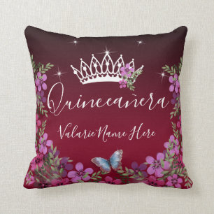 Flowers and Butterfly Quinceanera Burgundy Throw Pillow