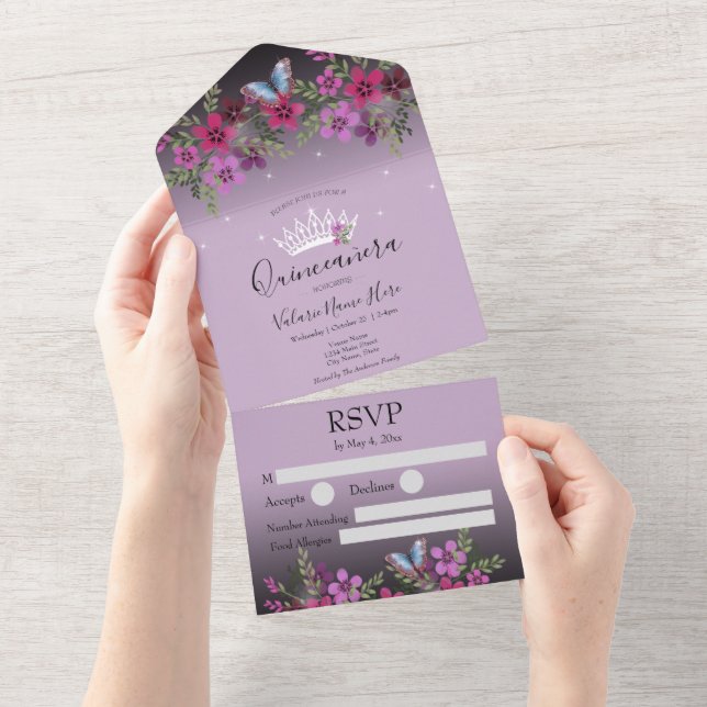 Flowers and Butterfly Quinceanera Purple All In On All In One Invitation (Tearaway)