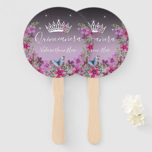 Flowers and Butterfly Quinceanera Purple Hand Fan