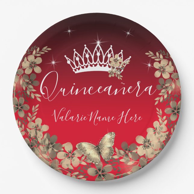 Flowers and Butterfly Quinceanera Red Gold Paper Plate (Front)