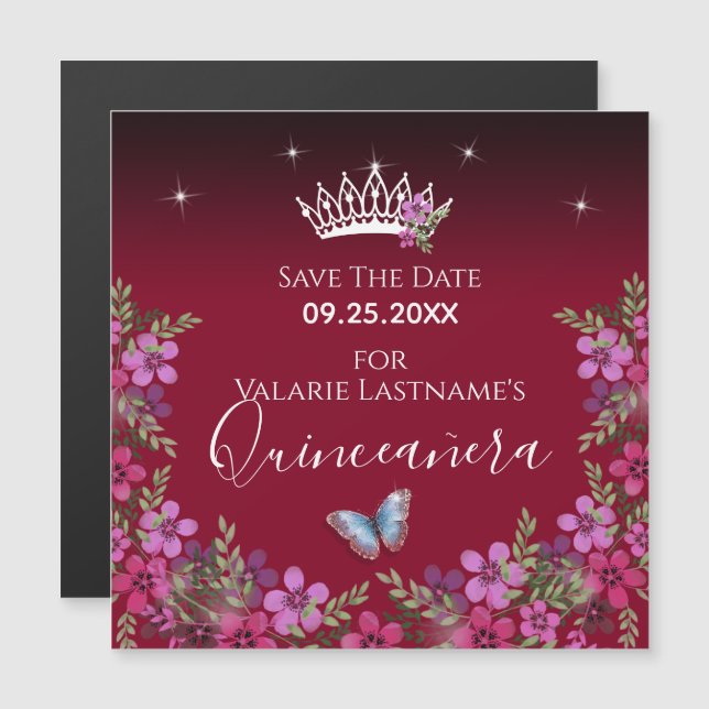Flowers and Butterfly Quinceanera Save the Date (Front/Back)
