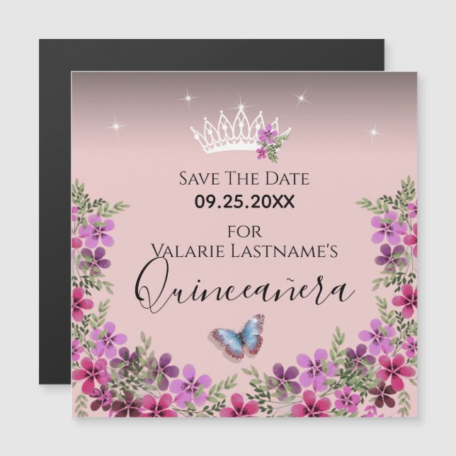 Flowers and Butterfly Quinceanera Save the Date (Front/Back)