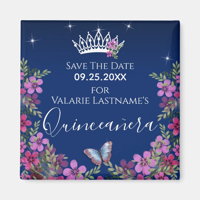 Flowers and Butterfly Quinceanera Save the Date Magnet (Front)